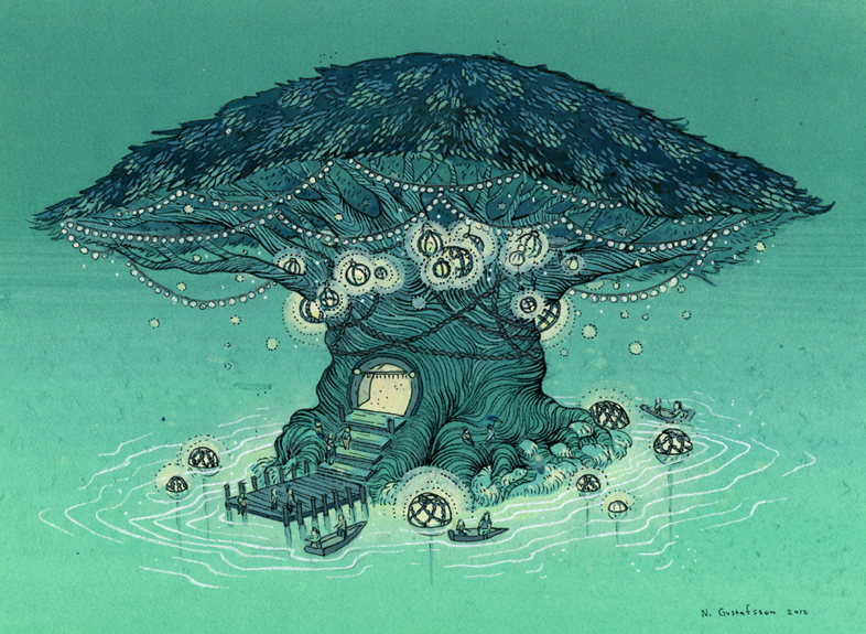 This framed art by Nicole Gustafsson depicts a large tree with a house in its trunk, surrounded by water. The tree island glows with orbs and patterns; small boats float beneath a teal sky, all crafted in delicate gouache and ink.
