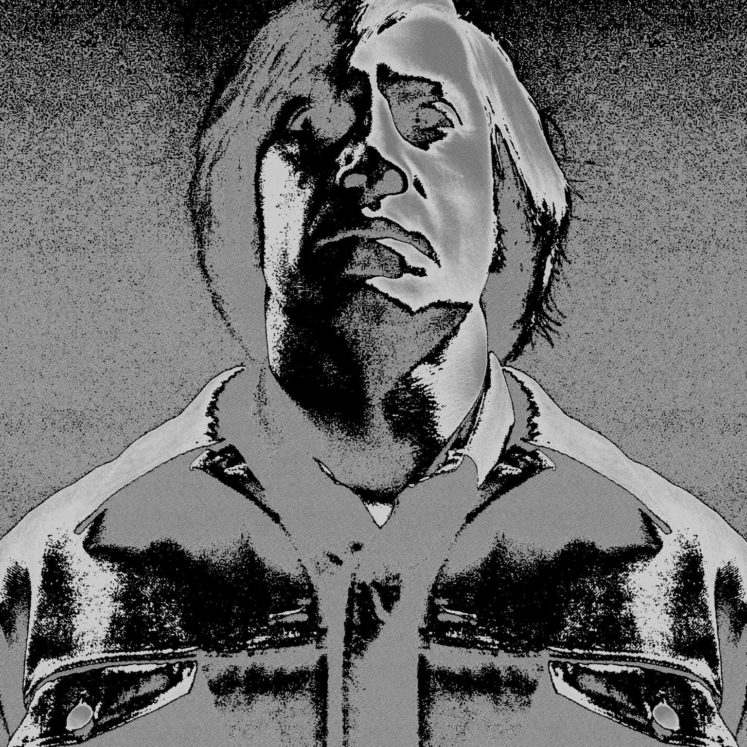 Matt Dye presents a digitally enhanced, monochrome image of a man with medium-length hair, featuring a dramatic, abstract screen print effect. The high-contrast look is enriched with metallic silver tones as he gazes slightly upwards in his button-up shirt against a textured background.