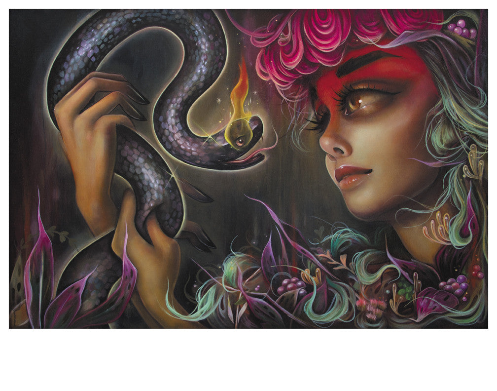 Tatiana Suarezs limited edition giclee print showcases a mysterious woman with vibrant pink hair holding a snake topped with a flame, surrounded by colorful, surreal floral elements and an ethereal glow.