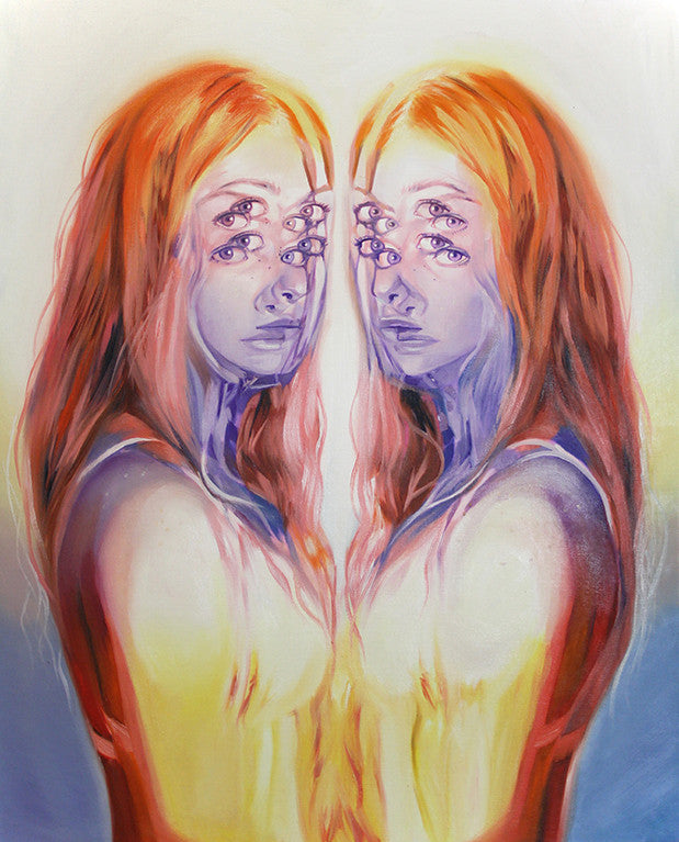 An Alex Garant surreal painting at Spoke Art Gallery showcases mirrored figures with long, flowing hair. Multiple eyes cascade down their faces for an abstract, dreamlike effect. This oil on canvas piece uses warm tones of orange, pink, and yellow.