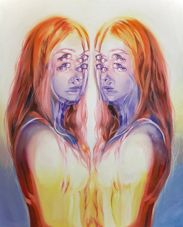 An Alex Garant surreal painting at Spoke Art Gallery showcases mirrored figures with long, flowing hair. Multiple eyes cascade down their faces for an abstract, dreamlike effect. This oil on canvas piece uses warm tones of orange, pink, and yellow.