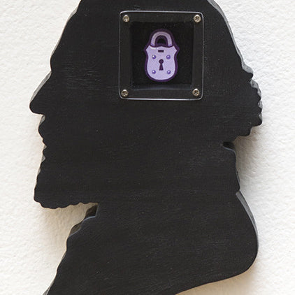 Matt Ritchies artwork, an intricately crafted black silhouette of a head and shoulders from hand-cut wood, features a small square cutout with a purple lock icon against a layered acrylic-like white background, captivating viewers with its enigmatic charm.
