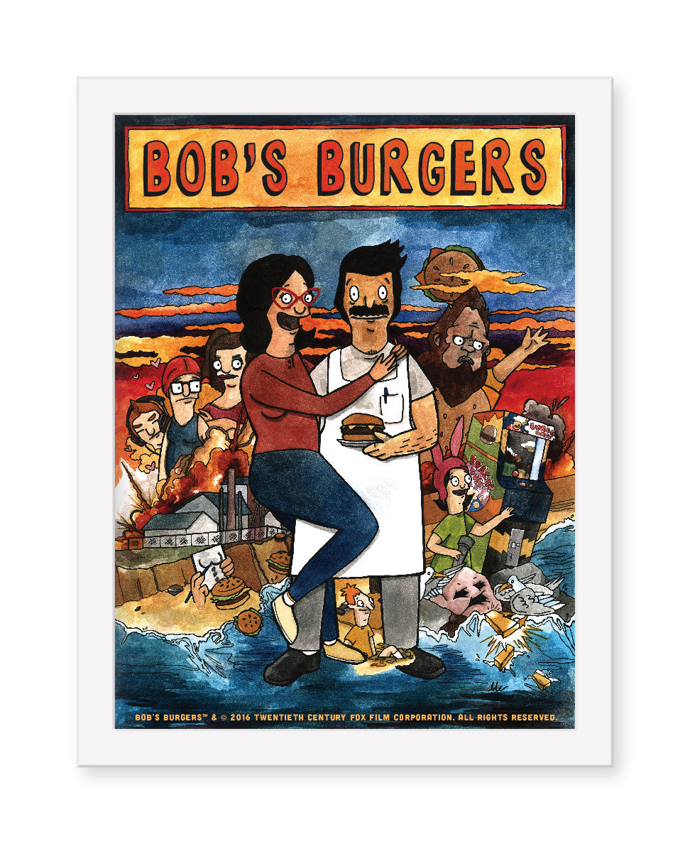 A vibrant cartoon poster inspired by Brighton Ballard features characters from Bobs Burgers in a chaotic scene with water, fire, and food. The central figure heroically holds a burger under the prominently displayed title Bob Day Afternoon.
