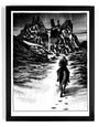 This Tim Doyle print shows a black-and-white illustration of a figure on horseback heading towards rocky mountains beneath a starry sky. Framed with a thick black border, its an ideal gift for the Nights King and perfect for art show tributes.