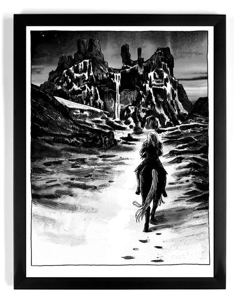 This Tim Doyle print shows a black-and-white illustration of a figure on horseback heading towards rocky mountains beneath a starry sky. Framed with a thick black border, its an ideal gift for the Nights King and perfect for art show tributes.