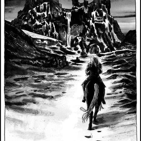 A lone rider on horseback approaches a towering, rocky mountain with cascading waterfalls under the night sky. The black and white landscape by Tim Doyle evokes a dramatic, mysterious ambiance—worthy of an art show tribute to the Nights King himself.