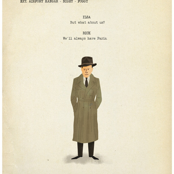 A Max Dalton giclee print illustrates a man in a trench coat against a script backdrop, featuring dialogue: ILSA: But what about us? and RICK: We’ll always have Paris. Available as a limited edition masterpiece.