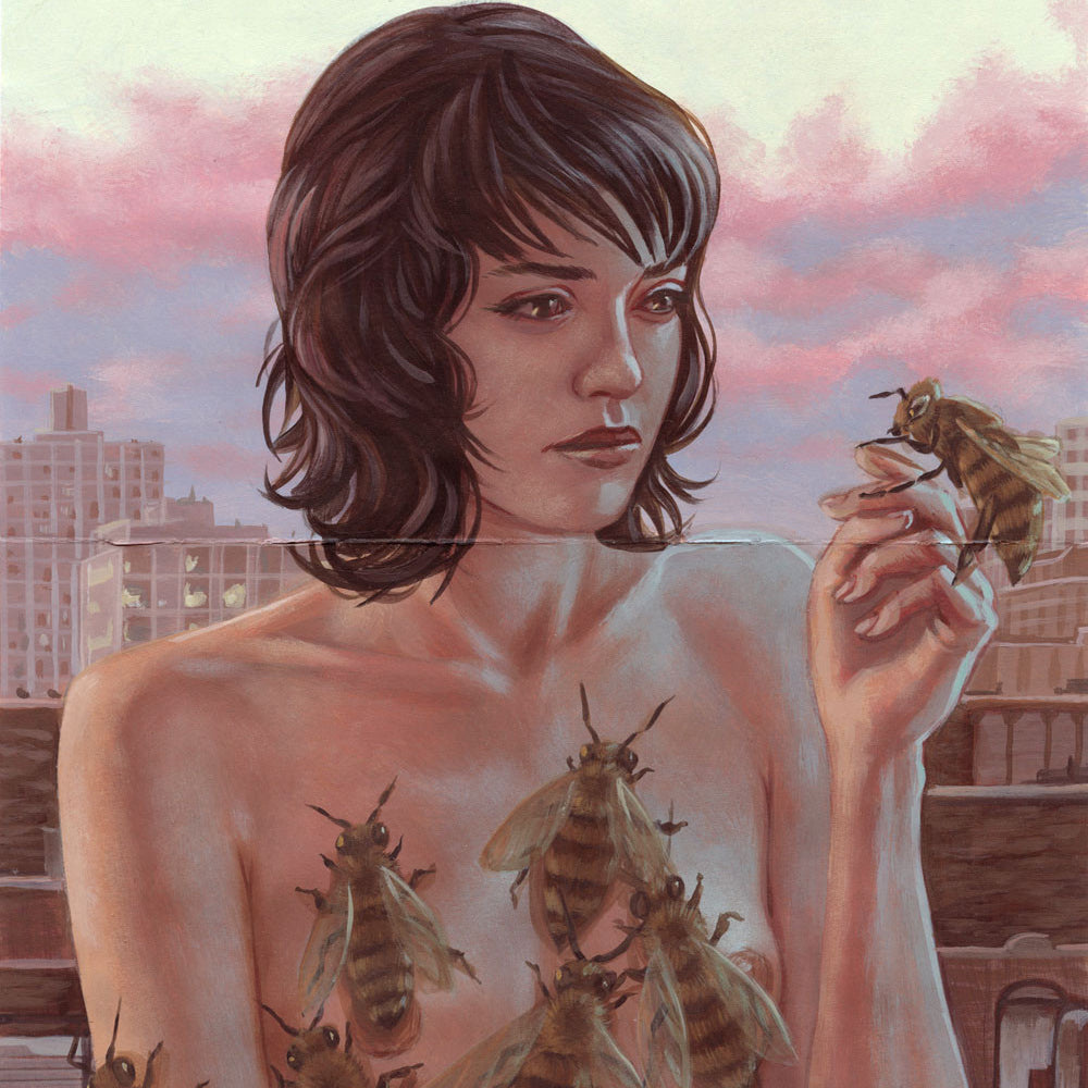 A topless figure with shoulder-length dark hair gently holds a bee amidst a swarm of bees on their body, set against a city skyline and pink-tinged clouds, encapsulating the Casey Weldon aura.