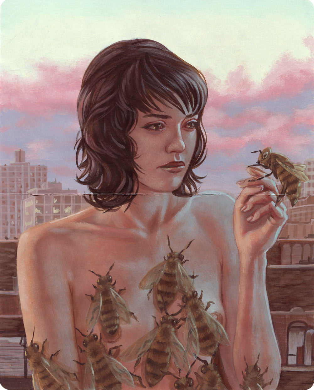 A topless figure with shoulder-length dark hair gently holds a bee amidst a swarm of bees on their body, set against a city skyline and pink-tinged clouds, encapsulating the Casey Weldon aura.