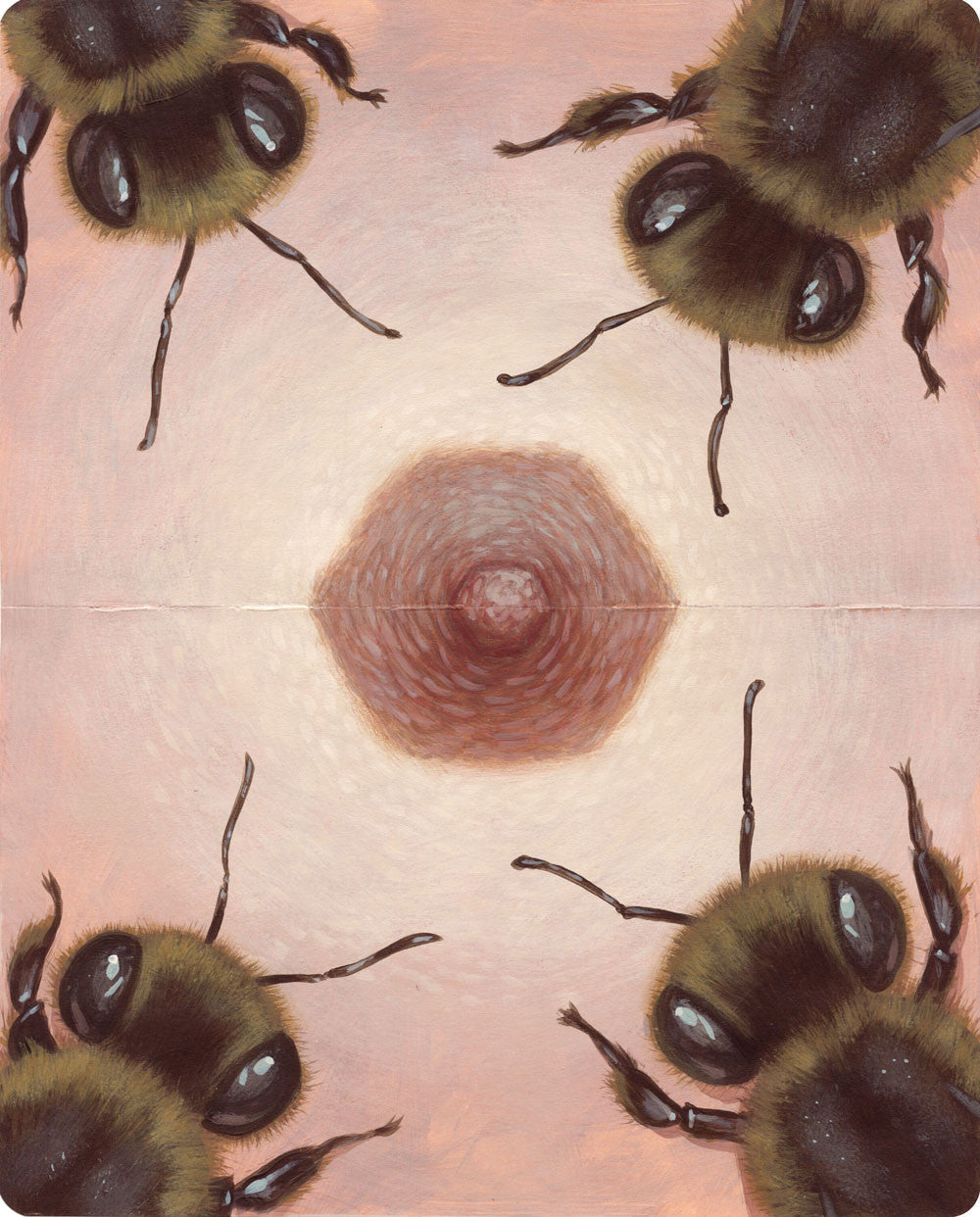 Four bees symmetrically arranged around a central spiral on a pinkish background create a kaleidoscopic effect. Each bee is intricately detailed, evoking the distinctive style of Casey Weldon.