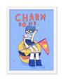 In this Ivonna Buenrostro creation, a blue-haired person with glasses and a white T-shirt sits on a smiling burger, waving a red flag with a smiley face. Above them, the words CHARM BOMB in vibrant red stand out against the serene blue backdrop.