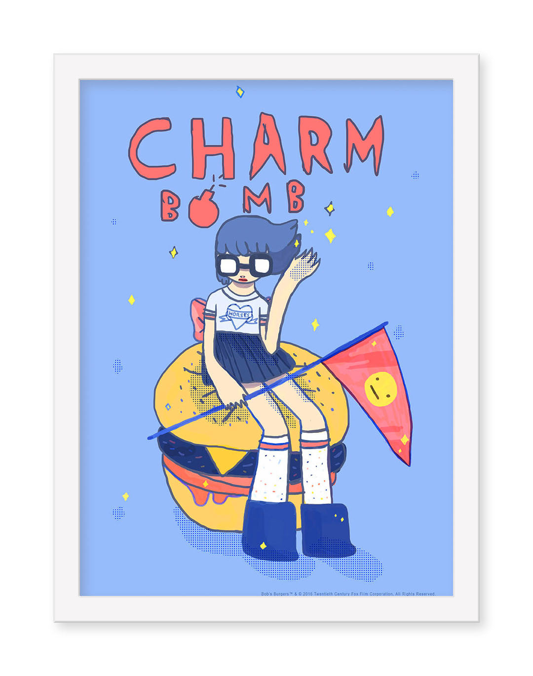 In this Ivonna Buenrostro creation, a blue-haired person with glasses and a white T-shirt sits on a smiling burger, waving a red flag with a smiley face. Above them, the words CHARM BOMB in vibrant red stand out against the serene blue backdrop.