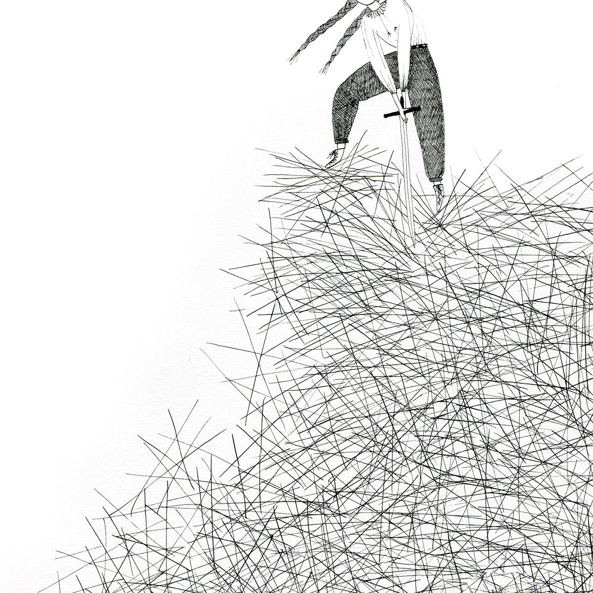 A person with braided hair stands on a chaotic pile of scribbled lines, holding a stick. The black and white sketch reflects the textured style Chelsea OByrne often explores, reminiscent of works at Spoke Art gallery.