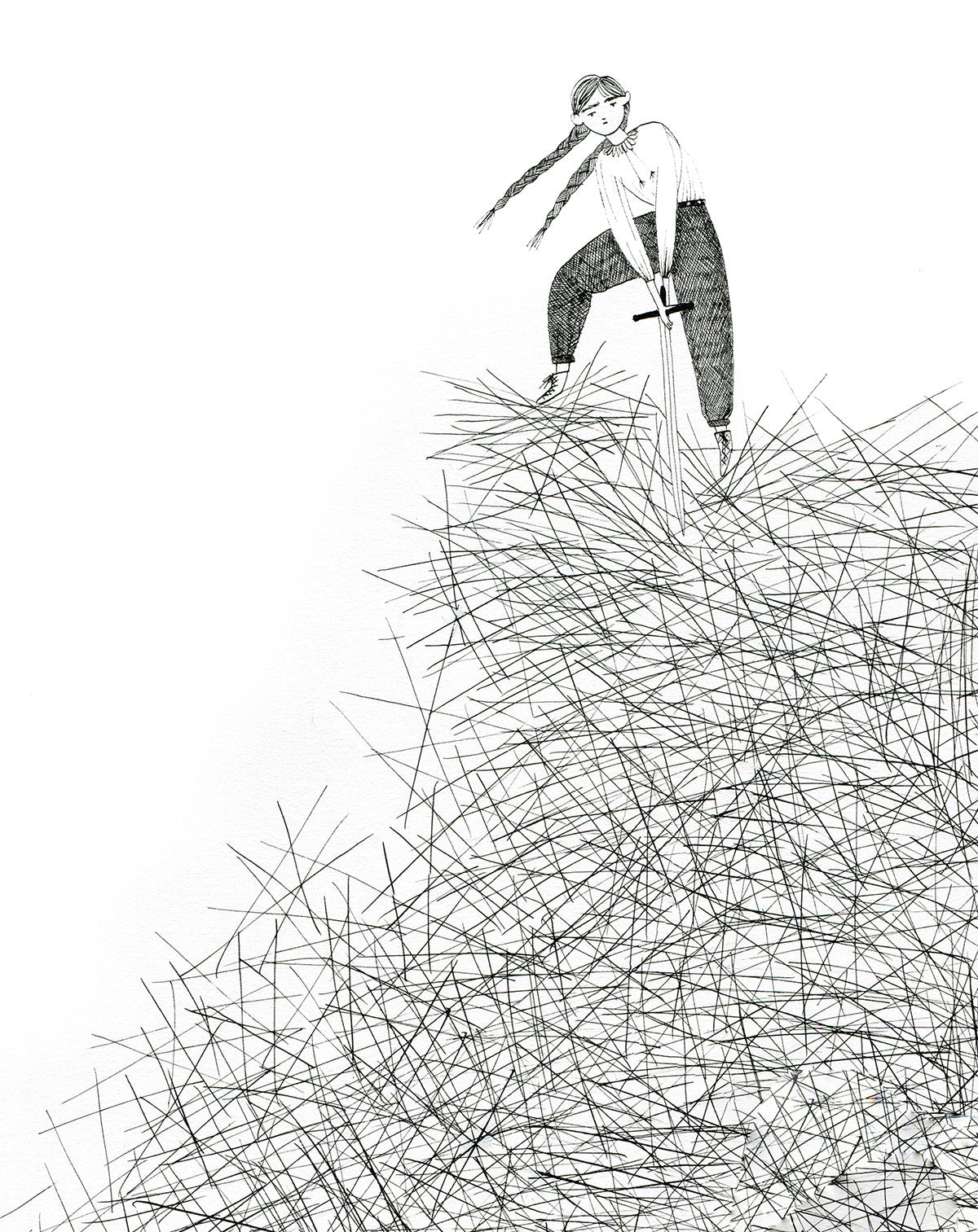 A person with braided hair stands on a chaotic pile of scribbled lines, holding a stick. The black and white sketch reflects the textured style Chelsea OByrne often explores, reminiscent of works at Spoke Art gallery.