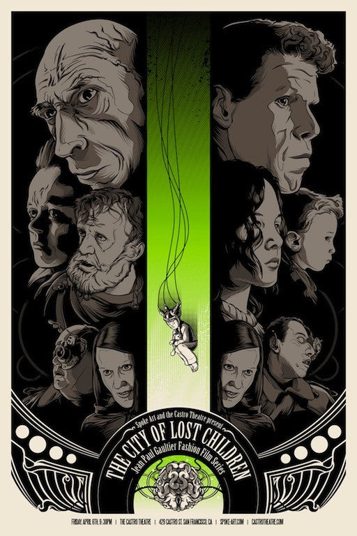 Joshua Budichs Screen print for The City of Lost Children in the Castro Theatre x Spoke Art series showcases illustrated green and black faces. A small girl in a green dress is lowered by a rope, capturing the essence of the film. Event details are provided at the bottom.