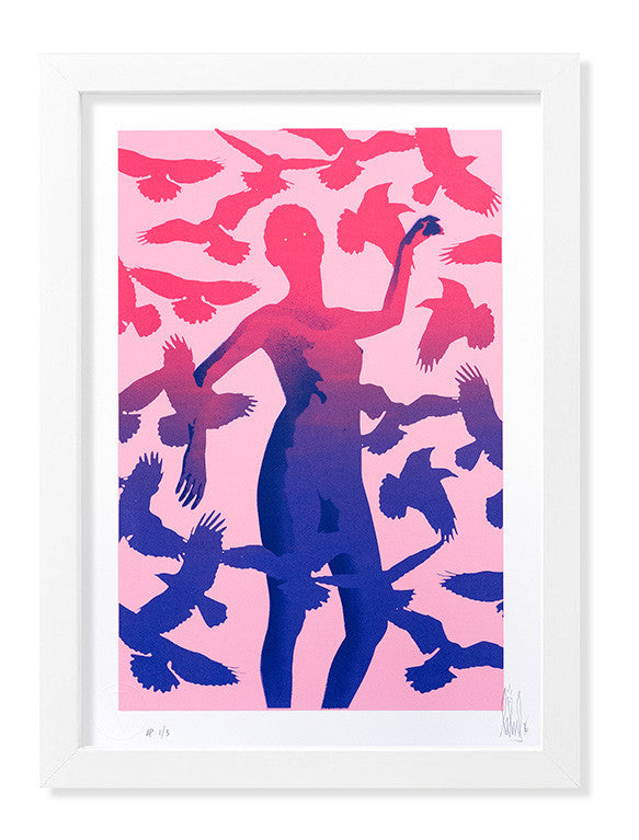 This Eelus custom framed screen print features a persons silhouette in dark blue and purple, surrounded by vibrant pink and red birds against a light pink background.