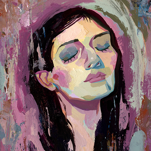 This vibrant abstract painting by Rich Pellegrino, created with acrylic on board, depicts a person with long dark hair and closed eyes. The expressive background brushstrokes in purples, pinks, and earth tones enhance its dreamy atmosphere as a highlight at Spoke Art Gallery.