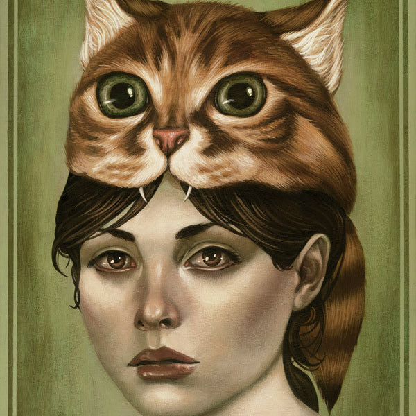 A surreal portrait by Casey Weldon features a woman in a cat-shaped mask with realistic fur and exaggerated features against a muted green background. This limited edition archival giclee print is signed and numbered.