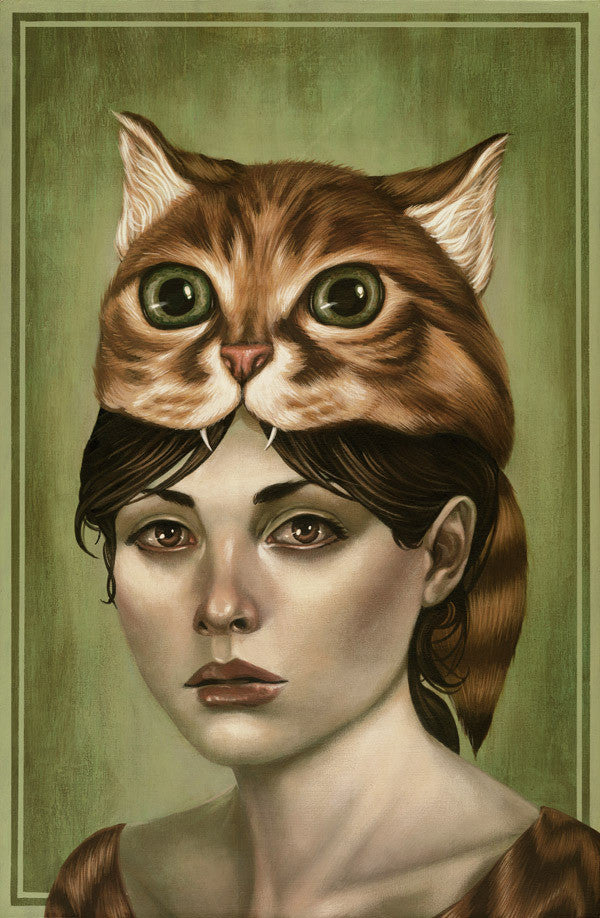 A surreal portrait by Casey Weldon features a woman in a cat-shaped mask with realistic fur and exaggerated features against a muted green background. This limited edition archival giclee print is signed and numbered.