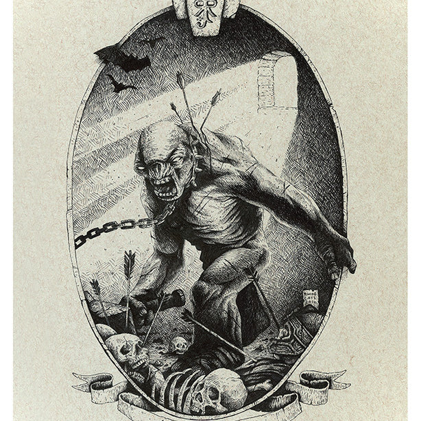 An illustration by David Moscati at the Lord of the Thrones exhibition depicts a menacing cave troll breaking free from chains, with arrows in its body. It stands over skulls and bones, a bird soaring above, and features an archival pigment print banner reading The Cave Troll at the bottom.