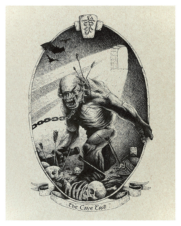 An illustration by David Moscati at the Lord of the Thrones exhibition depicts a menacing cave troll breaking free from chains, with arrows in its body. It stands over skulls and bones, a bird soaring above, and features an archival pigment print banner reading The Cave Troll at the bottom.