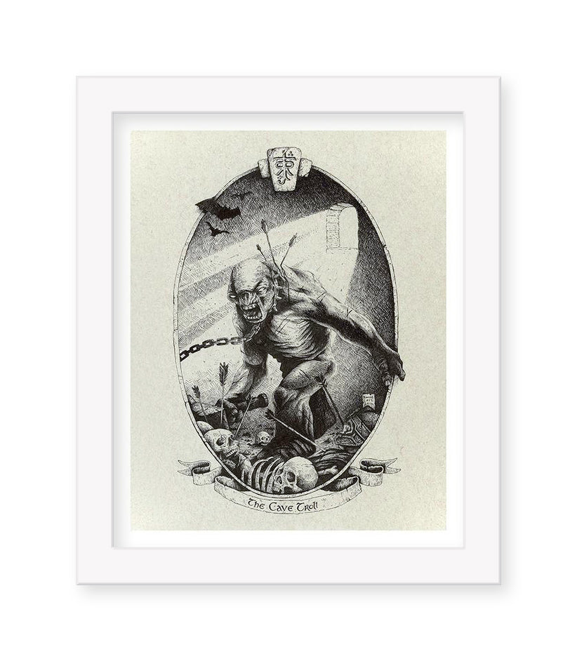 An archival pigment print by David Moscati depicts a cave troll in a medieval setting with chains and bones. A bat flies overhead, and The Cave Troll banner is below. It has a framed parchment look, ideal for the Lord of the Thrones exhibition.