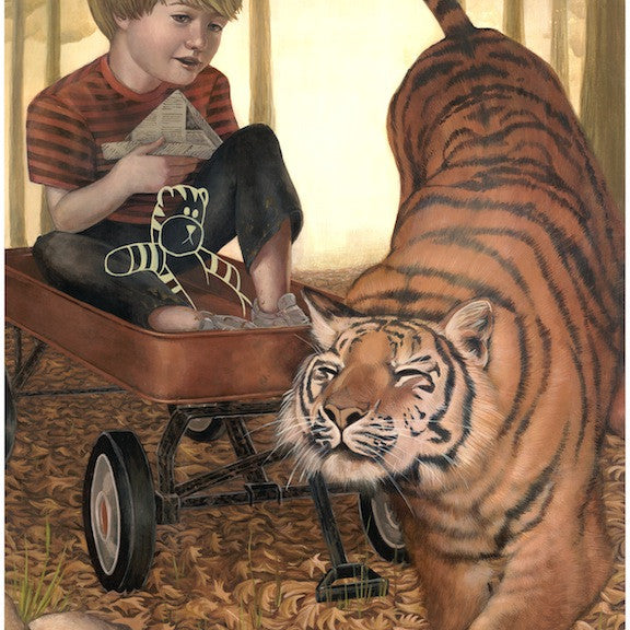 Amidst fallen leaves, a young boy sits in a red wagon with his toy tiger and paper hat. A large tiger, like one from a Casey Weldon print, gently brushes past the wagon under golden forest light.