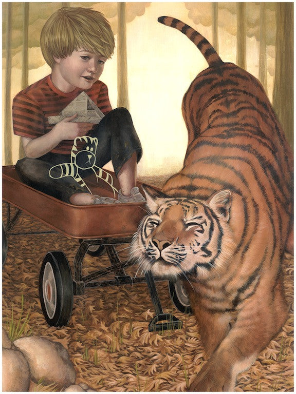 Amidst fallen leaves, a young boy sits in a red wagon with his toy tiger and paper hat. A large tiger, like one from a Casey Weldon print, gently brushes past the wagon under golden forest light.