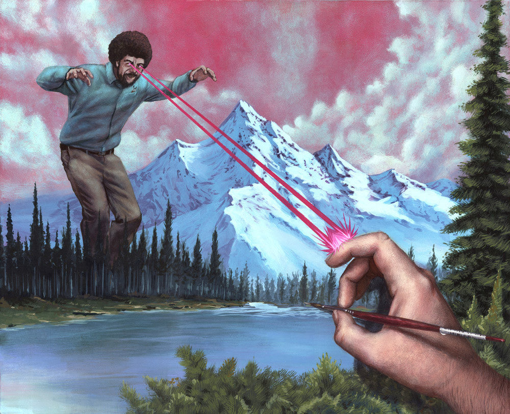 In a surreal scene akin to Casey Weldons style, a giant man in glasses fires laser beams from his eyes at a lake while an acrylic brush adds final touches to snowy mountains and trees, capturing the essence of San Francisco art fairs.
