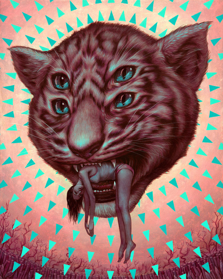 At Spoke Art Gallery, Casey Weldons Meow Brow features a surreal, four-eyed giant cat head with vibrant patterns. A figure lies face down, partly within the cats mouth, against a backdrop of small turquoise triangles on pink.