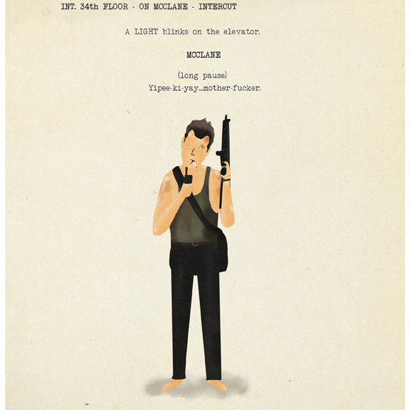 Max Daltons fine art giclee print depicts a man in a black tank top holding a gun and radio, smoking. The background features INT. 34th FLOOR - ON MCCLANE - INTERCUT, with the iconic line, Yippee-ki-yay, mother-fucker. Its hand numbered and custom-framed for exclusivity.