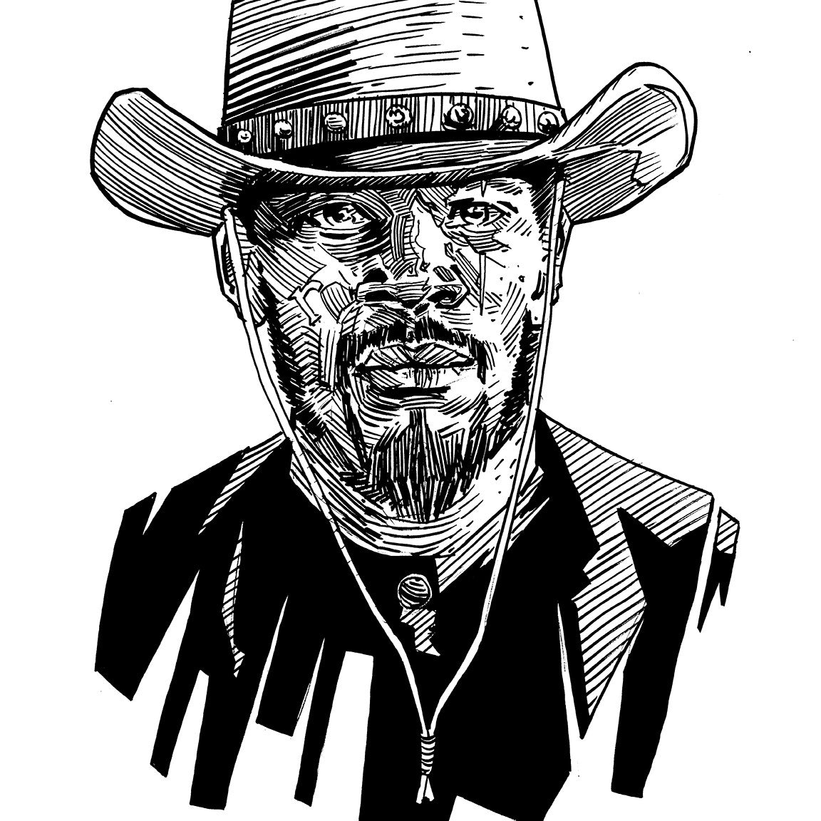 This Tim Doyle black and white illustration portrays a man in a cowboy hat with a beard, collared shirt, and bolo tie. It evokes the detailed pen and ink style of Quentin vs Coens world where The D Is Silent, adding narrative depth.