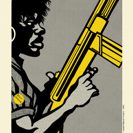 A stylized illustration of a person holding a large yellow firearm captures the bold style of revolutionary artist Emory Douglas. With silk screen print techniques using bold black lines and contrasting colors, it declares, We are from 25 to 30 million strong, and we are armed.