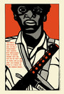 This limited edition silk screen print by Emory Douglas features a person in a white shirt and glasses with a sash of bullets, set in bold red, black, and white. The poster includes a quote about an indomitable revolutionary army on the left, capturing the essence of militant themes.