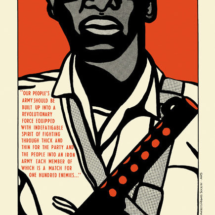 This limited edition silk screen print by Emory Douglas features a person in a white shirt and glasses with a sash of bullets, set in bold red, black, and white. The poster includes a quote about an indomitable revolutionary army on the left, capturing the essence of militant themes.
