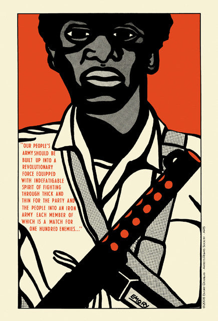 This limited edition silk screen print by Emory Douglas features a person in a white shirt and glasses with a sash of bullets, set in bold red, black, and white. The poster includes a quote about an indomitable revolutionary army on the left, capturing the essence of militant themes.