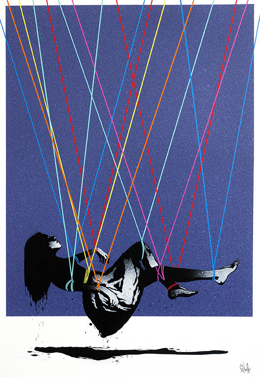 A silhouette of a seated figure, suspended mid-air like an Eelus creation, with colorful strings attached to limbs against a dark blue backdrop. Spray paint on canvas forms crisscross patterns above, evoking motion and tension akin to Suspender.