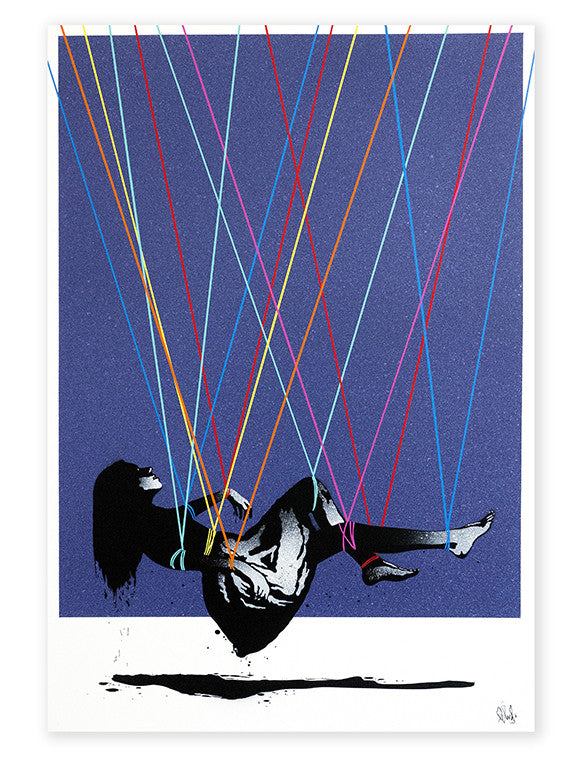 A silhouetted figure, seated and suspended, floats against a purple background. Multicolored lines reminiscent of Eelus spray paint art crisscross around them like strings, creating a dynamic and abstract composition.