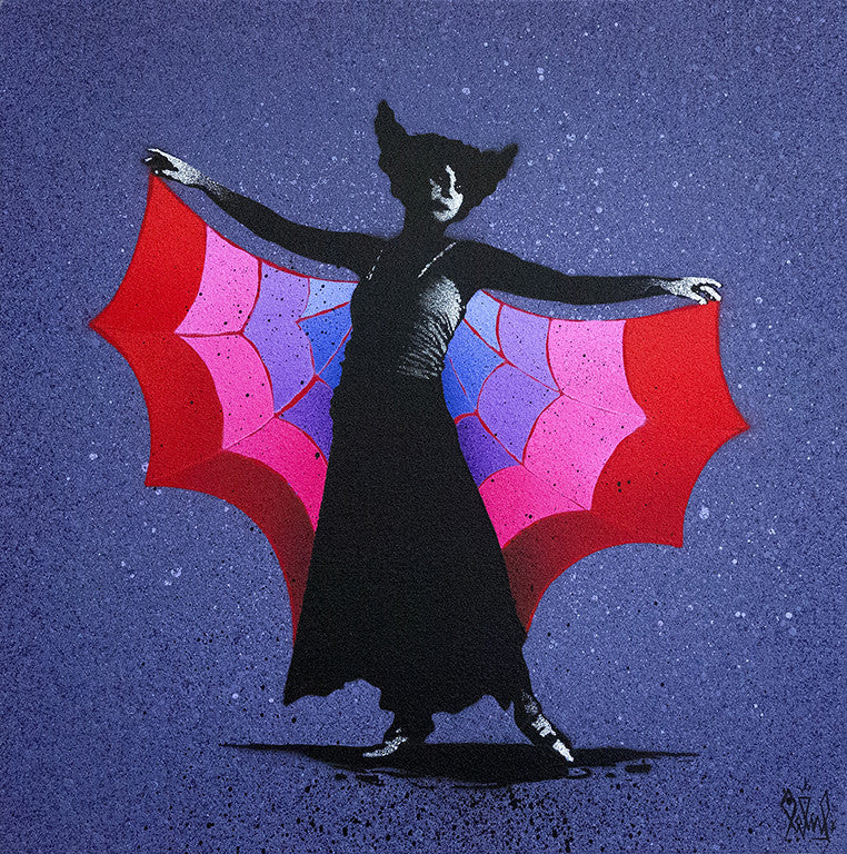 A silhouette with outstretched arms against a purple backdrop, adorned with vivid red and pink butterfly wings—a scene evocative of Eeluss Entanglement 2, as if spray-painted on canvas.