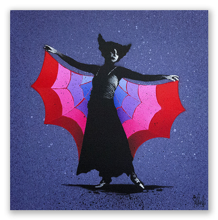 A person with arms outstretched wears a costume reminiscent of Eeluss Entanglement 2, featuring vibrant butterfly wings in red, pink, and blue. The backdrop resembles a textured canvas, enlivened with spray paint for a striking effect.