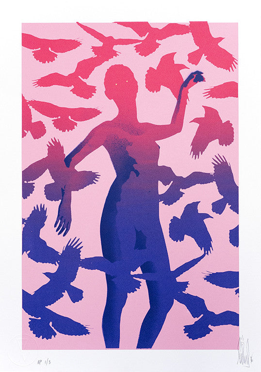Eeluss screen print features a purple and blue silhouette surrounded by birds against a pink background, offering a dynamic yet serene composition, elegantly custom framed to enhance its artistic presence.