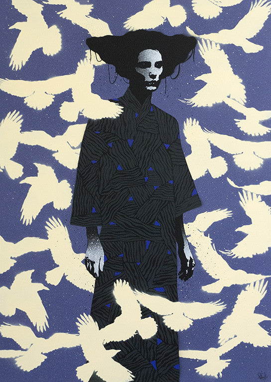 A person in a patterned robe, similar to Eeluss Unkindness 2, is surrounded by white birds on a blue background. Featuring an intricate hairstyle, this spray paint on canvas artwork has a surreal, dreamlike quality.