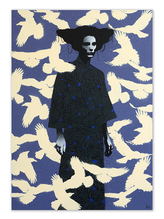 A person in a dark, intricately patterned outfit stands against a blue backdrop filled with white birds in flight, overlapping the figure to create an ethereal, surreal effect reminiscent of Eeluss Unkindness 2, as if it were spray paint on canvas.