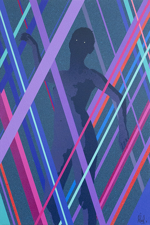 Eeluss abstract artwork features a shadowy silhouette amid colorful diagonal lines resembling crossfire, with shades of blue in the spray-painted background creating a dynamic and vibrant effect.