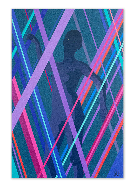 A dark silhouette dances amidst intersecting vibrant lines on a textured spray paint canvas in shades of blue, pink, and purple, echoing Eeluss signature style.