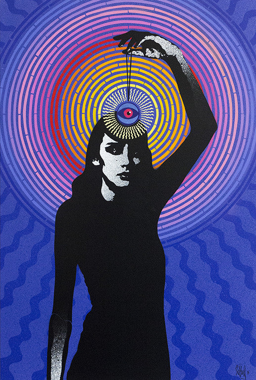 A silhouetted figure holding a pendulum stands before a vibrant, concentric circular pattern of blue, purple, yellow, and red. Spray paint on cotton canvas by Eelus adds to the psychedelic effect with wavy background lines.