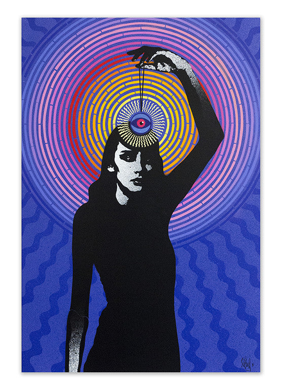 A silhouetted figure holds a circular object against their forehead, surrounded by vibrant concentric patterns in blue, purple, pink, orange, and yellow. This Eelus artwork on cotton canvas features spray paint that highlights the wavy blue texture with its distinctive flair.