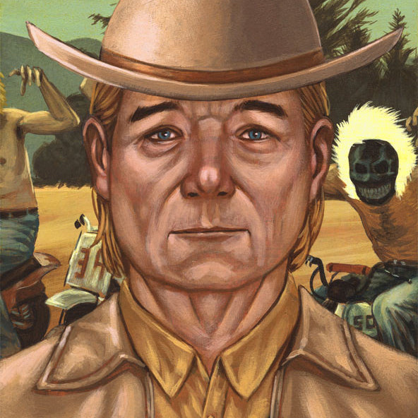 A Casey Weldon painting from the Murray Time series features a solemn cowboy-hatted man in a fringed jacket. Surreal elements like shirtless bikers, a skull-masked figure, trees, and a dusty sky enrich the scene.