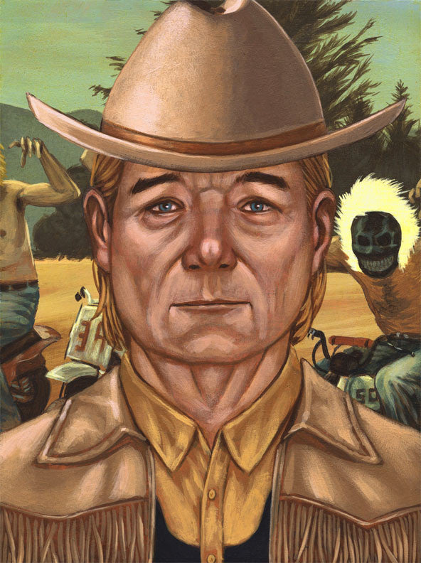 A Casey Weldon painting from the Murray Time series features a solemn cowboy-hatted man in a fringed jacket. Surreal elements like shirtless bikers, a skull-masked figure, trees, and a dusty sky enrich the scene.
