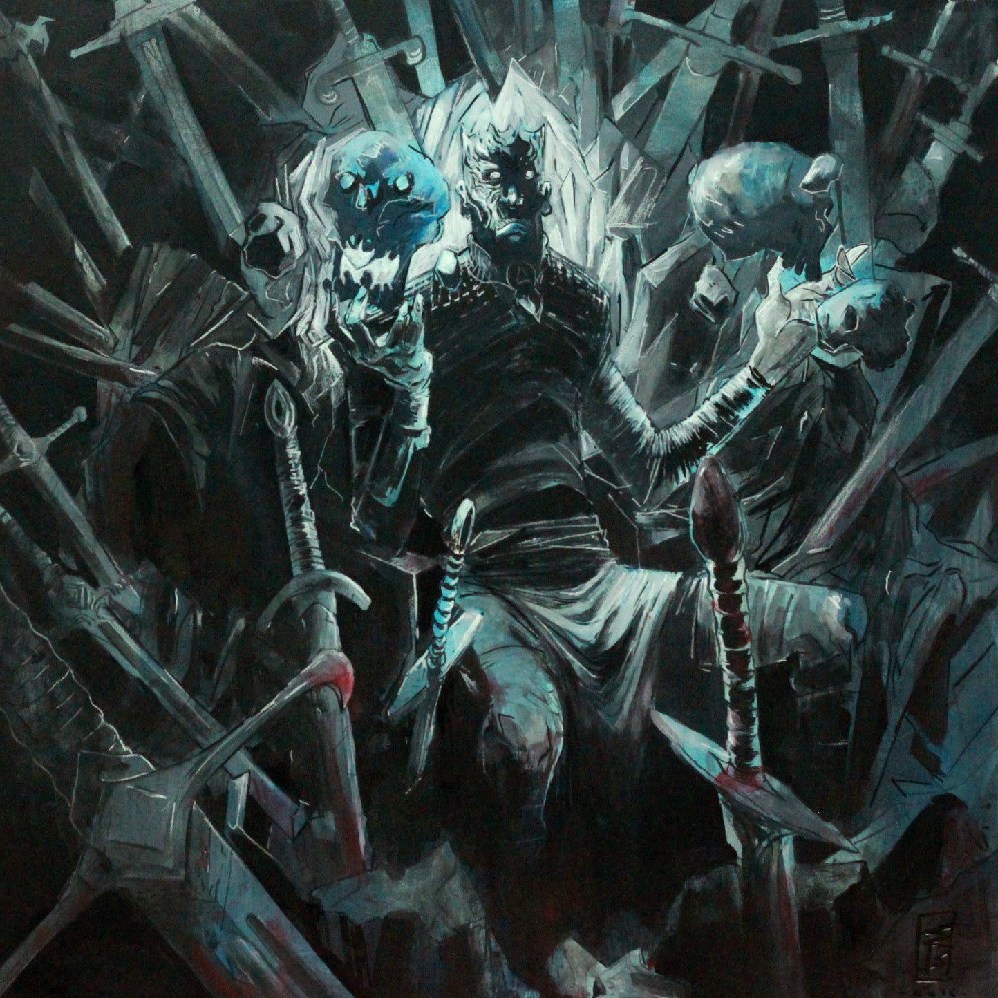 A dark, sinister figure on a throne of swords holds glowing blue skulls in this haunting piece by Eric Bonhomme at Spoke Art Gallery, part of his chilling Forever Winter series.